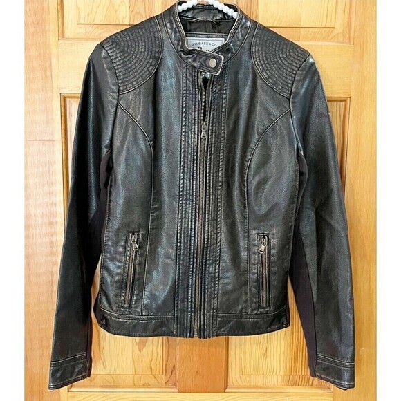 G H Bass Womens Brown Faux Leather Jacket Cropped Moto Sz S Biker Moto Classic - Picture 1 of 10